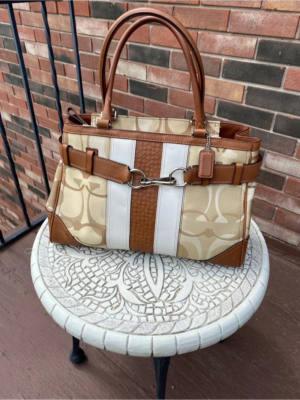 Coach Hampton Optic Signature Stripe Carryall Bag Equestrian Style